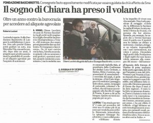 Articolo Giornale di Vicenza 5 gennaio 2017 
consegna dell'auto con joystick a chiara